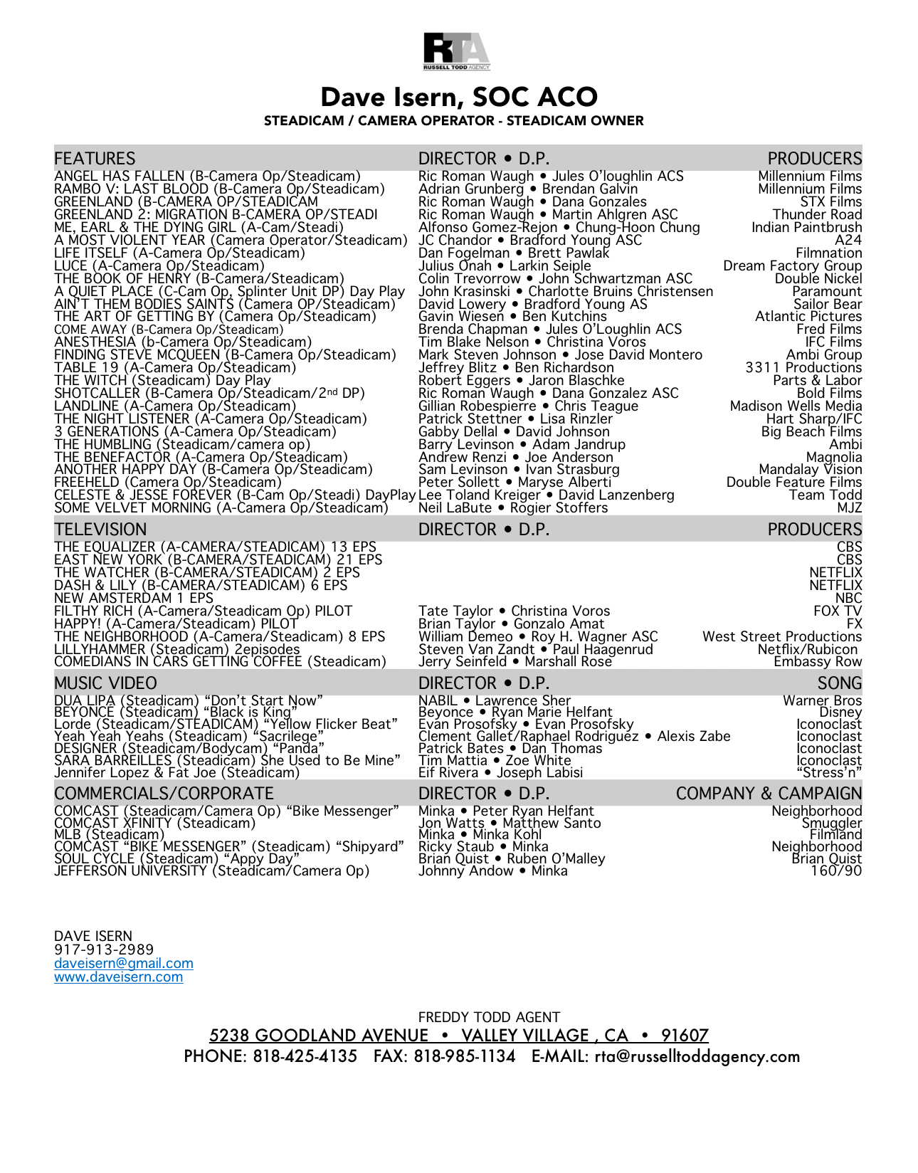 Dave Isern full resume — Russell Todd Agency